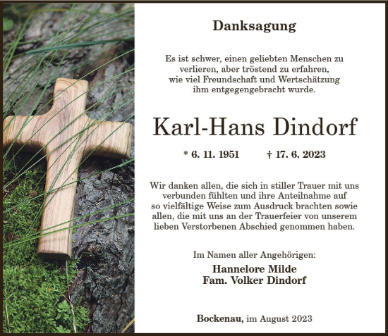 Traueranzeige von Karl-Hans Dindorf von Allgemeine Zeitung Bad Kreuznach