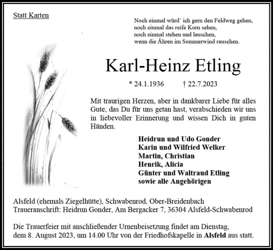 Traueranzeige von Karl-Heinz Etling von Oberhessen Kurier