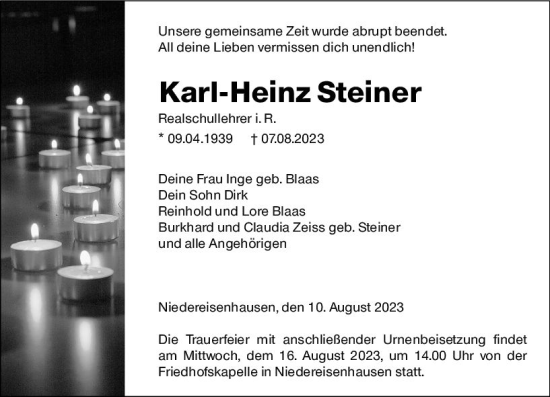 Traueranzeige von Karl-Heinz Steiner von Hinterländer Anzeiger
