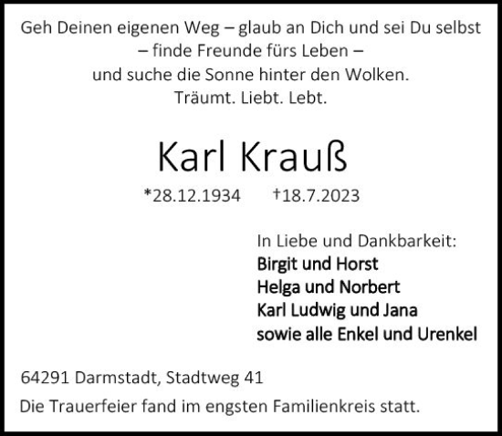 Traueranzeige von Karl Krauß von Darmstädter Echo