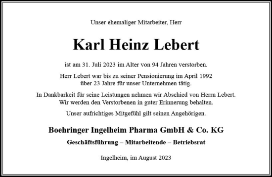 Traueranzeige von Karl Heinz  Lebert von Allgemeine Zeitung Bingen/Ingelheim