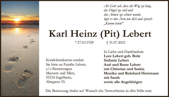 Traueranzeige von Karl Heinz  Lebert von Allgemeine Zeitung Bingen/Ingelheim