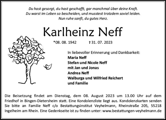 Traueranzeige von Karlheinz Neff von Allgemeine Zeitung Bingen/Ingelheim