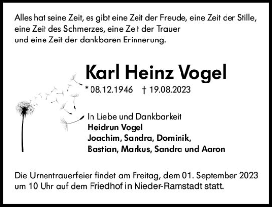 Traueranzeige von Karl Heinz Vogel von Odenwälder Echo