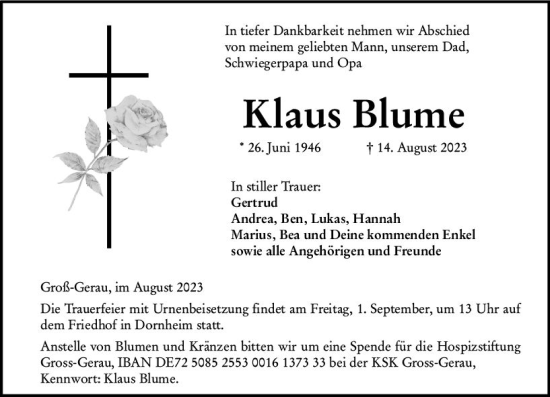 Traueranzeige von Klaus Blume von Groß-Gerauer Echo
