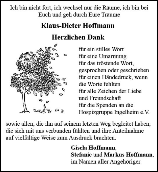 Traueranzeige von Klaus-Dieter Hoffmann von Allgemeine Zeitung Bingen/Ingelheim