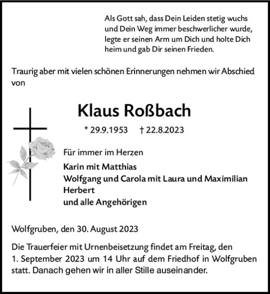 Traueranzeige von Klaus Roßbach von Hinterländer Anzeiger