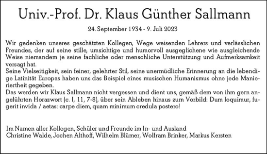 Traueranzeige von Klaus Günther Sallmann von Allgemeine Zeitung Mainz