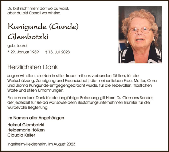 Traueranzeige von Kunigunde Glembotzki von Allgemeine Zeitung Bingen/Ingelheim
