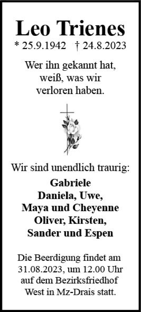 Traueranzeige von Leo Trienes von Allgemeine Zeitung Mainz