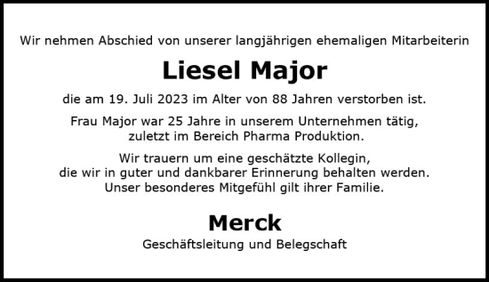 Traueranzeige von Liesel Major von Darmstädter Echo