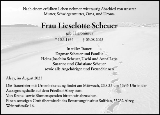 Traueranzeige von Lieselotte Scheuer von Allgemeine Zeitung Alzey
