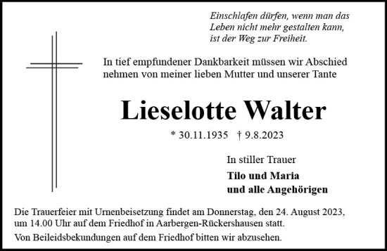 Traueranzeige von Lieselotte Walter von Idsteiner Land/Untertaunus
