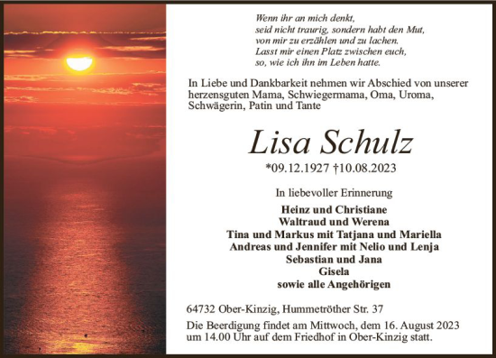 Traueranzeige von Lisa Schulz von Odenwälder Echo