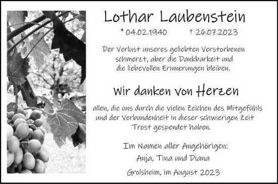 Traueranzeige von Lothar Laubenstein von Bingen/Ingelheim WOBL inkl. Neue Binger Ztg.