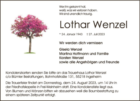 Traueranzeige von Lothar Wenzel von Allgemeine Zeitung Bingen/Ingelheim