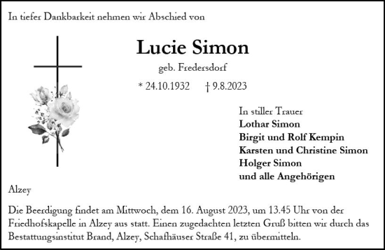 Traueranzeige von Lucie Simon von Allgemeine Zeitung Alzey