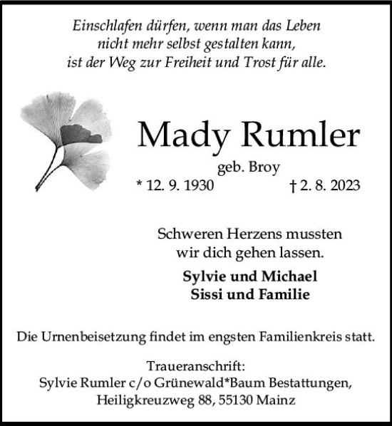 Traueranzeige von Mady Rumler von Allgemeine Zeitung Mainz