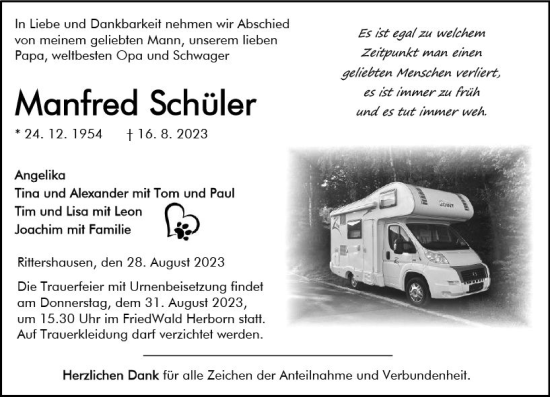 Traueranzeige von Manfred Schüler von Dill Block