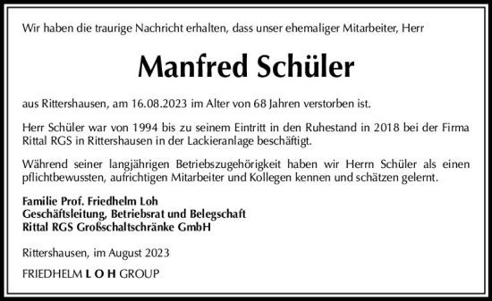 Traueranzeige von Manfred Schüler von Dill Block