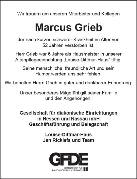 Traueranzeige von Marcus Grieb von Darmstädter Echo