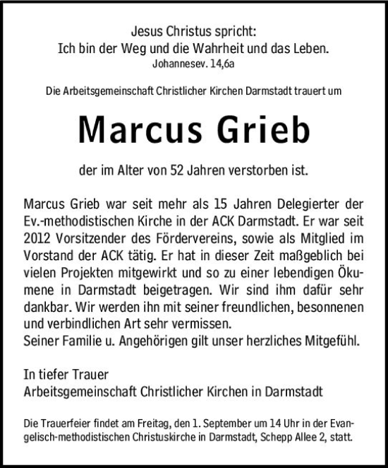 Traueranzeige von Marcus Grieb von Darmstädter Echo