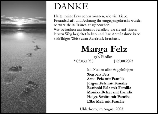 Traueranzeige von Marga Felz von Allgemeine Zeitung Bingen/Ingelheim