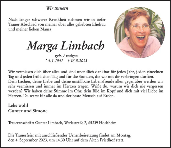 Traueranzeige von Marga Limbach von Hochheimer Zeitung