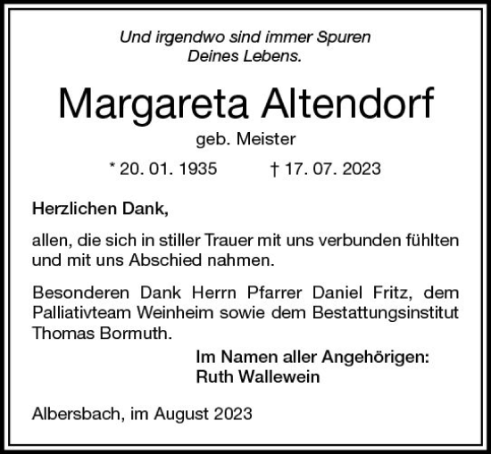 Traueranzeige von Margareta Altendorf von Starkenburger Echo