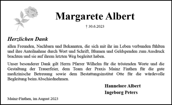 Traueranzeige von Margarete Albert von Allgemeine Zeitung Mainz