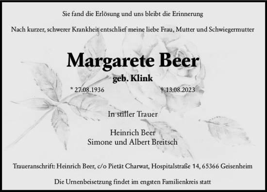 Traueranzeige von Margarete Beer von Wiesbadener Kurier
