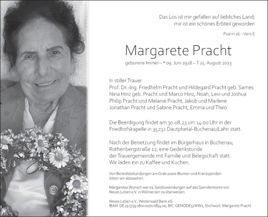 Traueranzeige von Margarete Pracht von Hinterländer Anzeiger