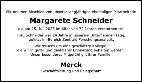 Traueranzeige von Margarete Schneider von Darmstädter Echo