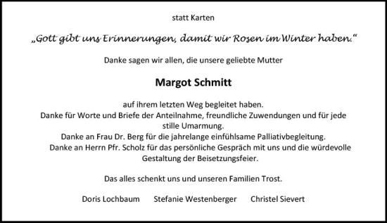 Traueranzeige von Margot Schmitt von Allgemeine Zeitung Mainz