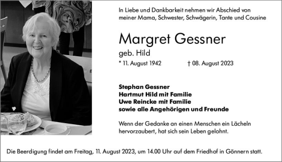 Traueranzeige von Margret Gessner von Hinterländer Anzeiger