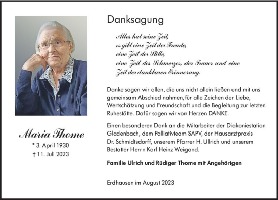 Traueranzeige von Maria Thome von Hinterländer Anzeiger