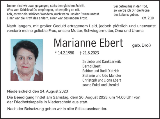 Traueranzeige von Marianne Ebert von Dill Block