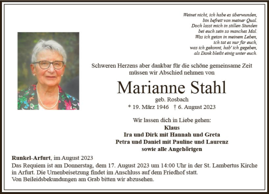 Traueranzeige von Marianne Stahl von Nassauische Neue Presse