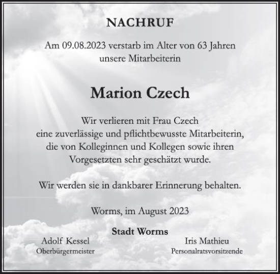 Traueranzeige von Marion Czech von Wormser Zeitung