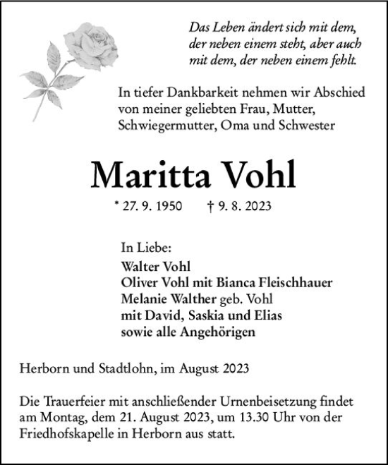 Traueranzeige von Maritta Vohl von Dill Block