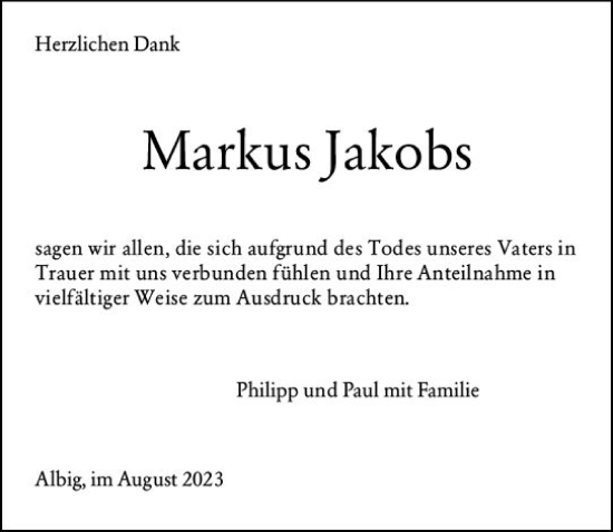 Traueranzeige von Markus Jakobs von Allgemeine Zeitung Alzey