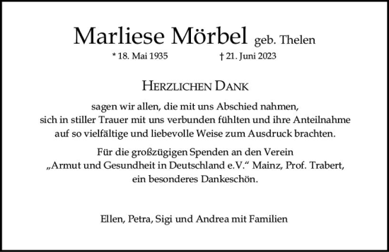 Traueranzeige von Marliese Mörbel von Allgemeine Zeitung Mainz