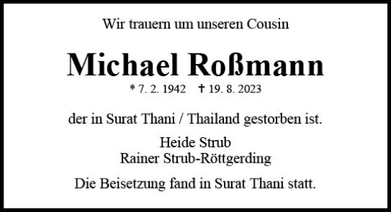 Traueranzeige von Michael Roßmann von Allgemeine Zeitung Mainz