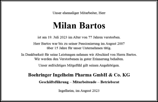 Traueranzeige von Milan Bartos von Allgemeine Zeitung Bingen/Ingelheim
