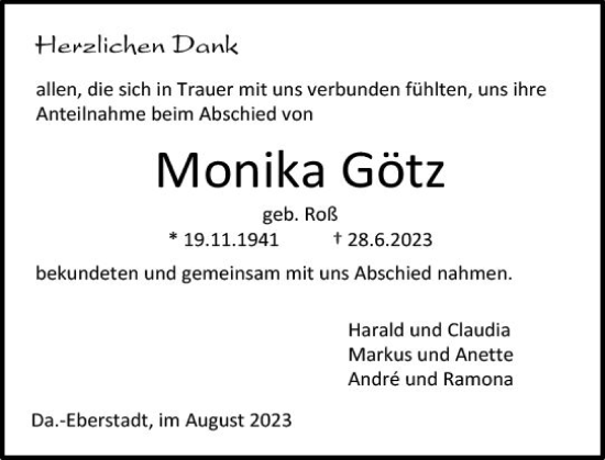 Traueranzeige von Monika Götz von Darmstädter Echo