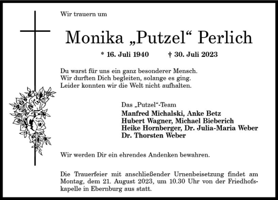 Traueranzeige von Monika Perlich von Allgemeine Zeitung Bad Kreuznach