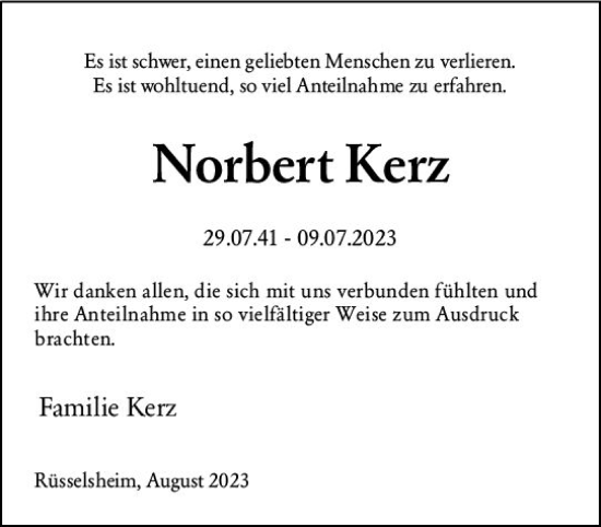 Traueranzeige von Norbert Kerz von Rüsselsheimer Echo