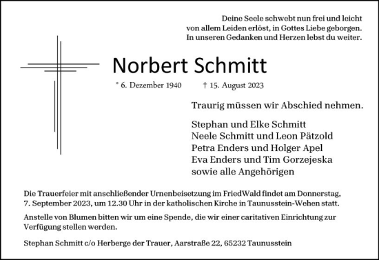 Traueranzeige von Norbert Schmitt von Wiesbadener Kurier