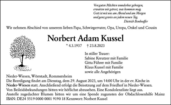 Traueranzeige von Norbert Adam Kussel von Allgemeine Zeitung Alzey