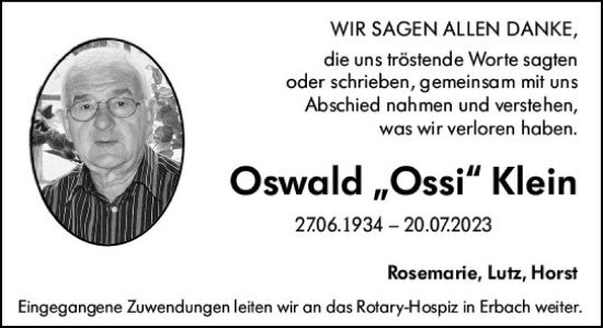 Traueranzeige von Oswald Klein von Darmstädter Echo